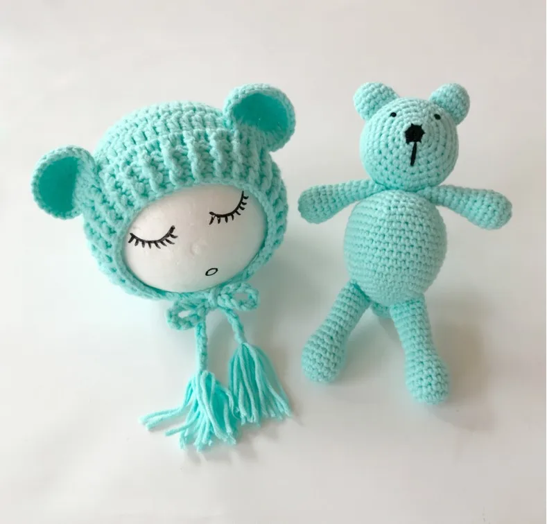 Custom Cute knitted  Animal Baby  Plush Toy With Hat Photo prop Soft  Bear New Born Baby Toy