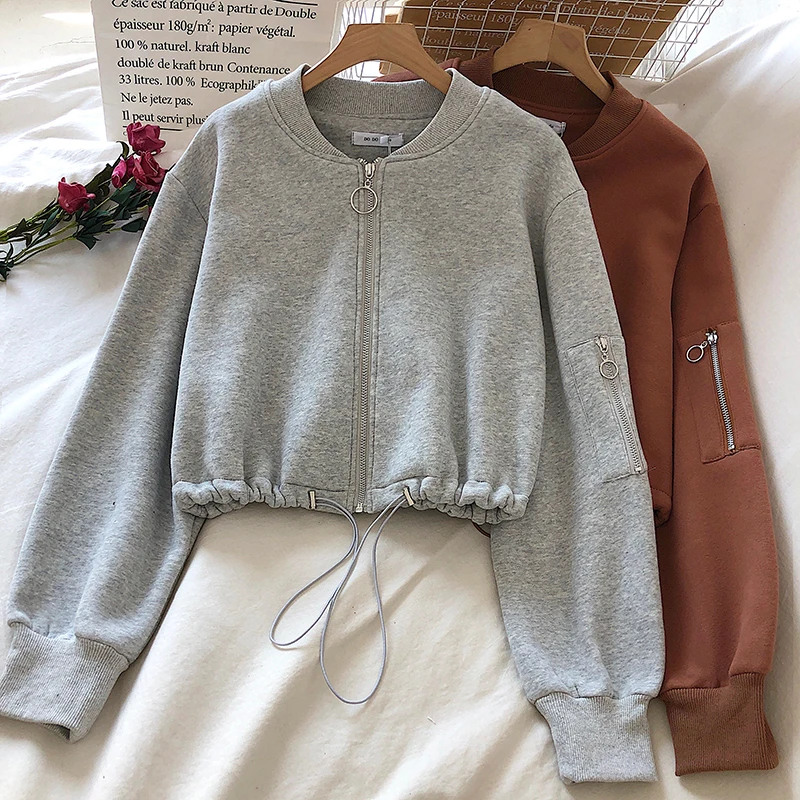 Winter Korean style hem drawstring tie round neck zipper  pullover bubble sleeve solid color crop top jacket