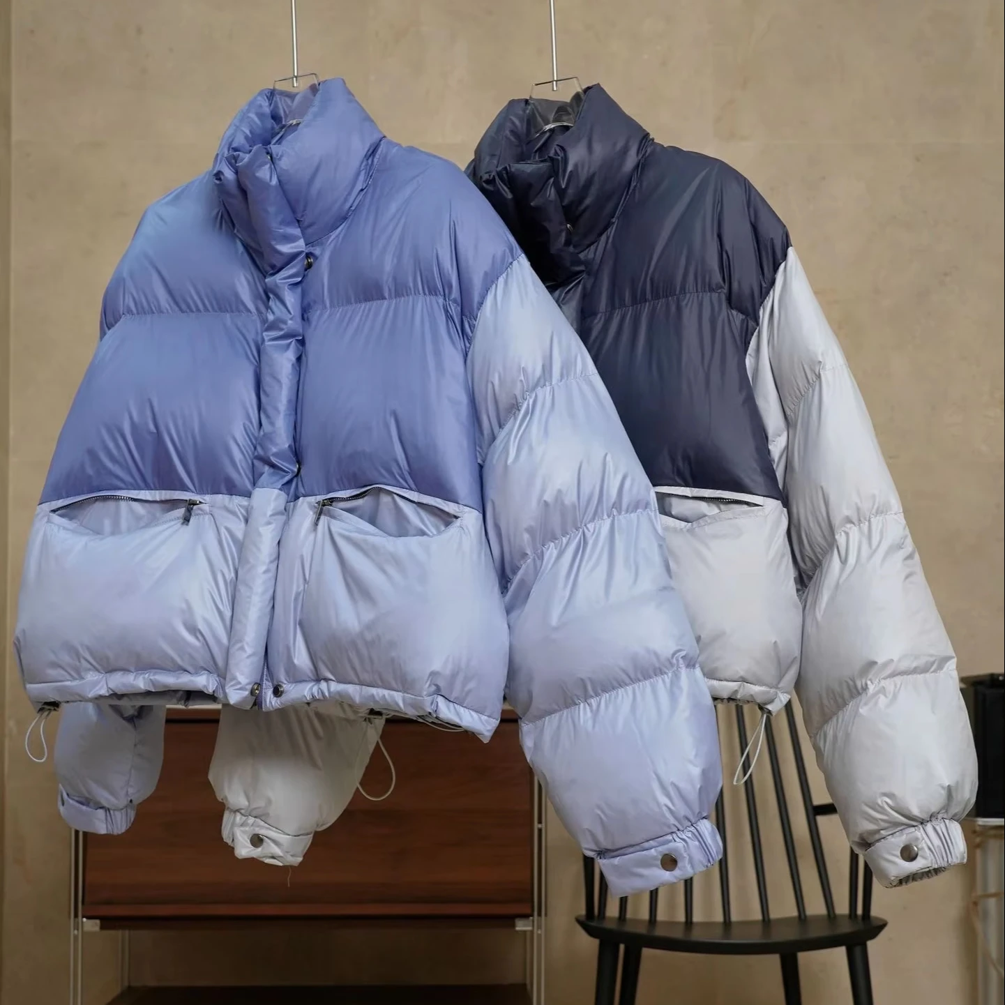 Winter new Korean version of fashionable stand collar splicing contrast color bread cotton jacket loose thin warm coat women