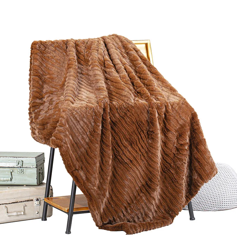 Cozy Soft New Faux Fur throw Ultra Plush Micromink Backing Decorative Striped blanket