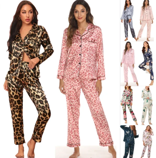 Wholesale Luxury leopard Long Sleeve Lingerie Pajamas 2 Piece Set Womens Turn-down Collar Satin Silk Sleepwear Set