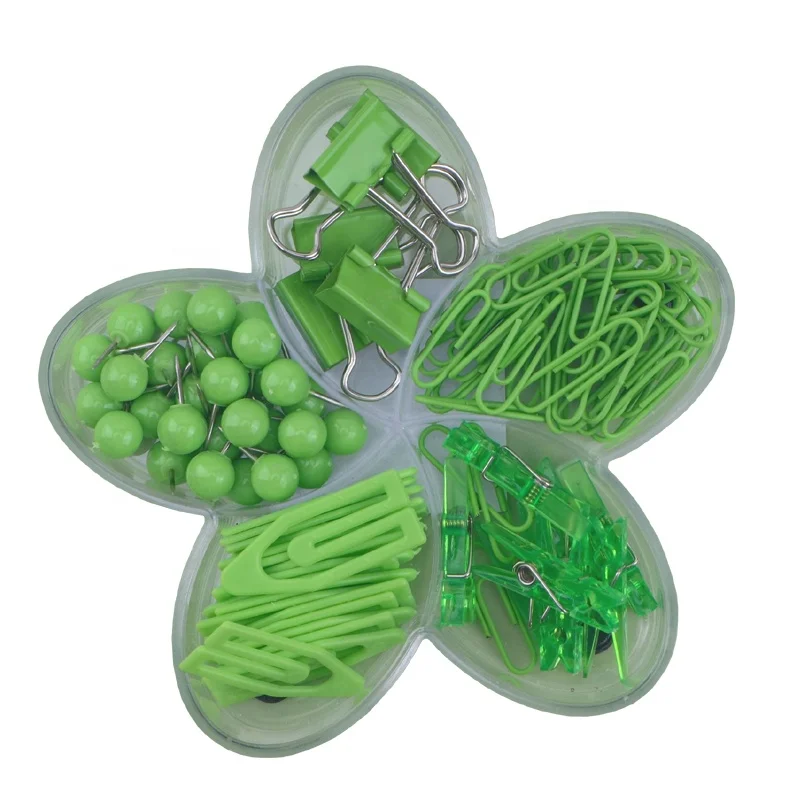 Fresh office clip set in green color binder clips push pins ball tack paper clips for school office stationery set accessory kit