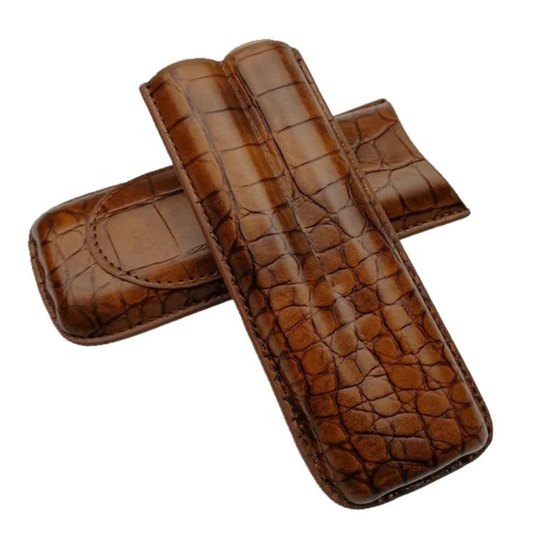 Portable Travel 2 Pack Leather Cigar Case Holder with Cedar Wood Lined Cigar Humidity and Cigar Cutter