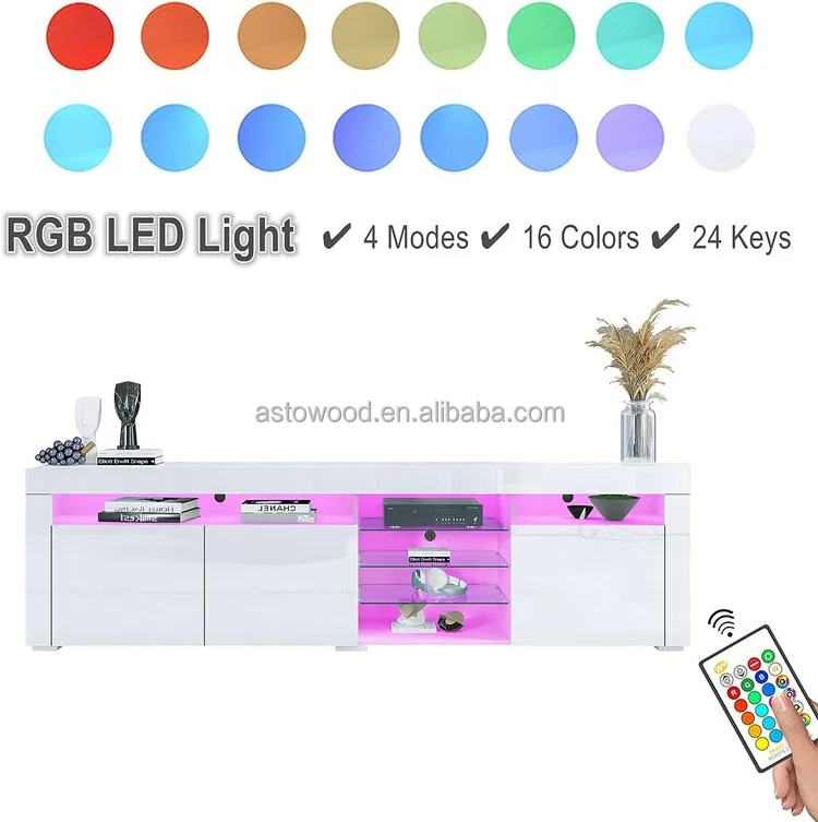 White High Gloss TV Unit with LED Lights 180CM Unit for Living Room, 3 Doors and 7 Open Shelves, Home Furniture