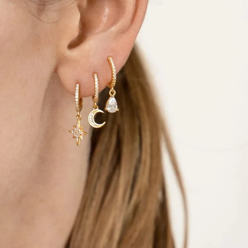Waterproof 18K Gold Plated Stainless Steel Non Tarnish Jewelry Women Fashion Water Drop Moon Star Zircon Hoop Huggie Earrings