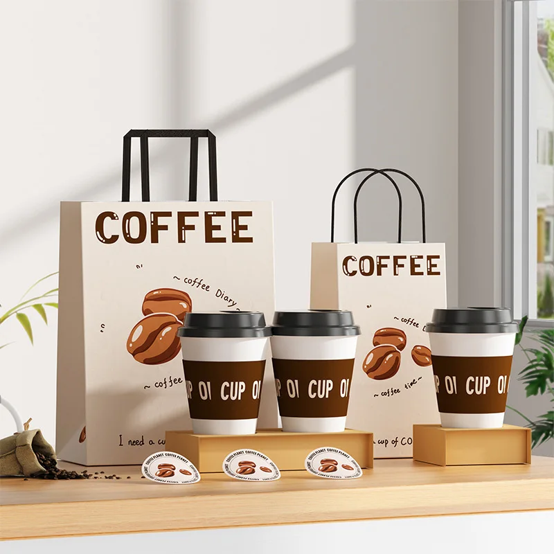 Biodegradable Coffee cup Bags With handle rope Custom Paper shopping Packaging Bags Flat Bottom Eight-Sided Sealing Bag Pouch