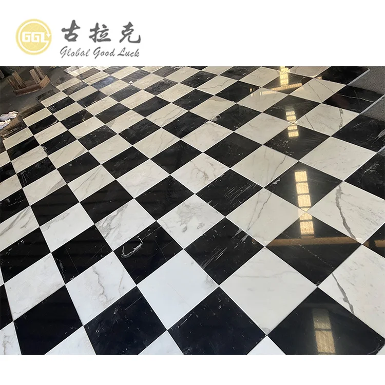Custom Cut Size Tile Calacatta White Mix Nero Black Marble Floor Tiles Factory Supply