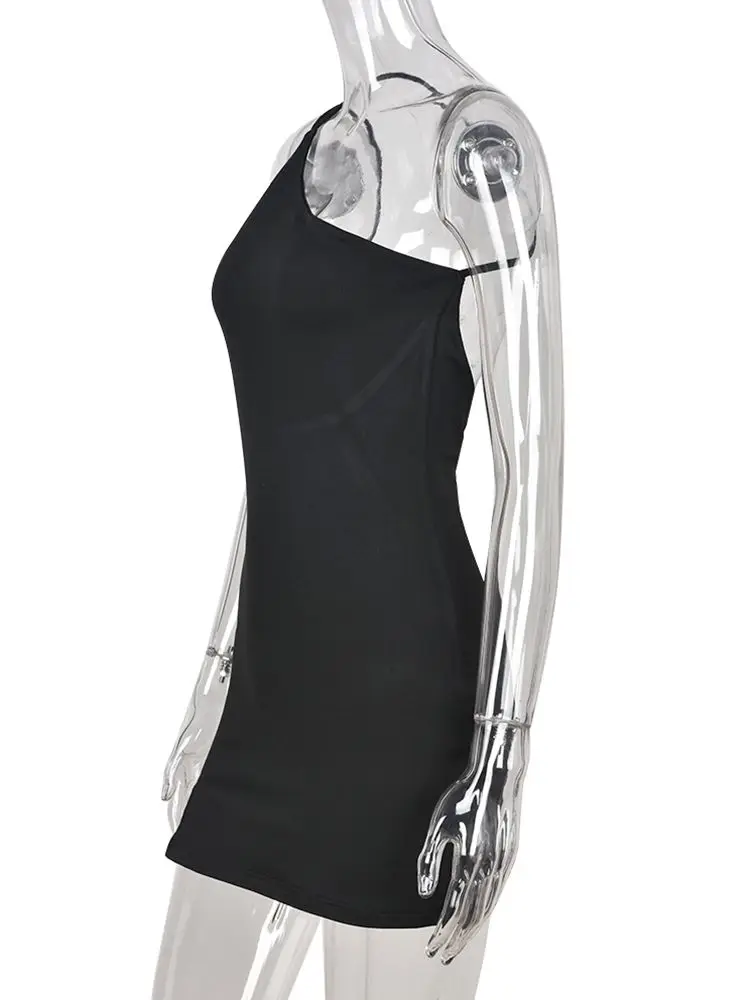 Sexy Slant Shoulder Sleeveless Bodycon Mini Dress Women Black Gothic Backless Vestidos 2022 Summer Harajuku Clothes