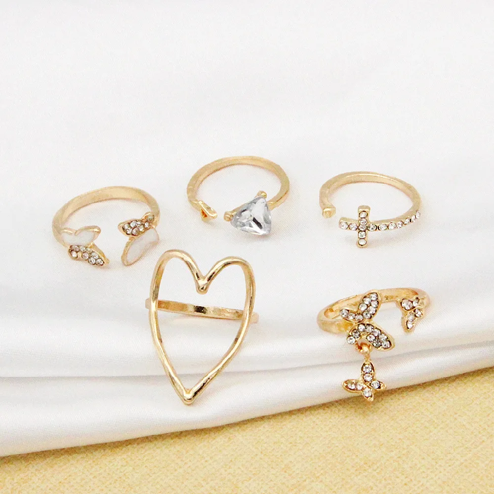 2021 New arrival jewelry triangle cross gold love butterfly  diamond  rings knuckle ring set for women wedding rings