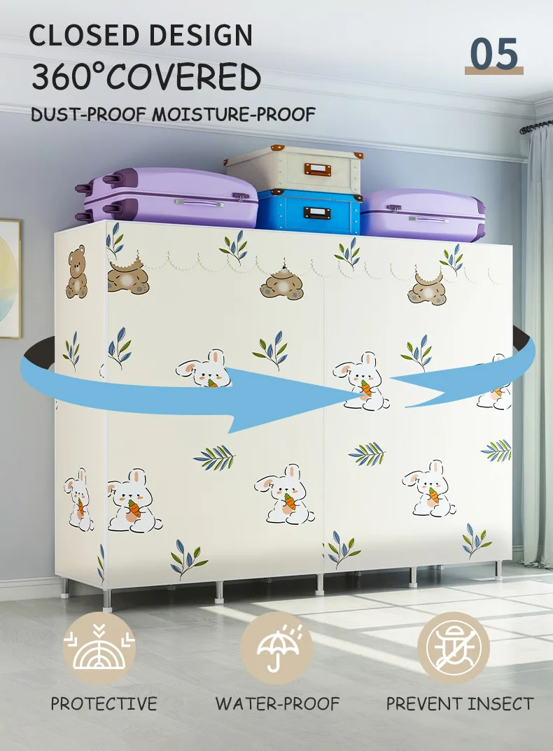 Factory Supply Bedroom Furniture Low Price Storage Cupboard Organiser With Metal Pipe Good Quality Portable Wardrobe Armoire