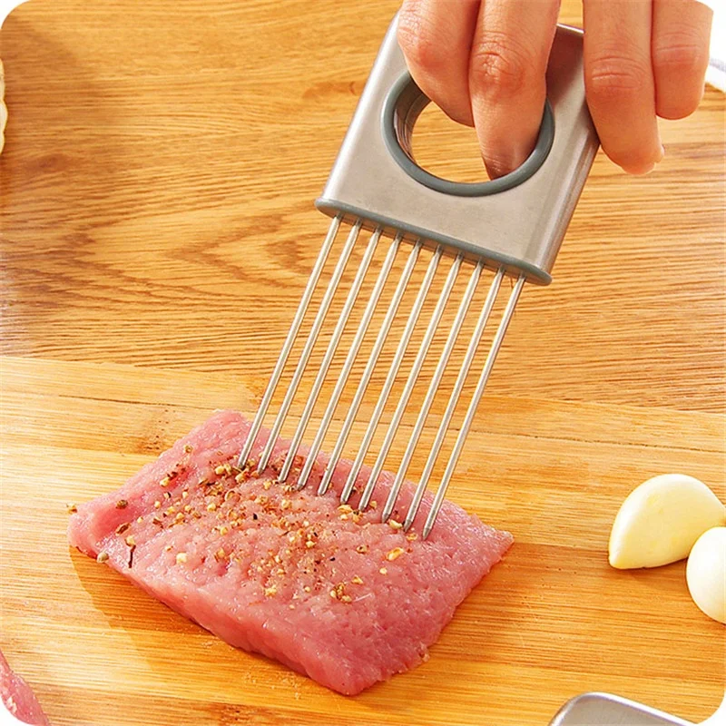 Wholesale kitchen stainless steel handheld vegetables fruits beef tender meat potato lemon onion holder slicer