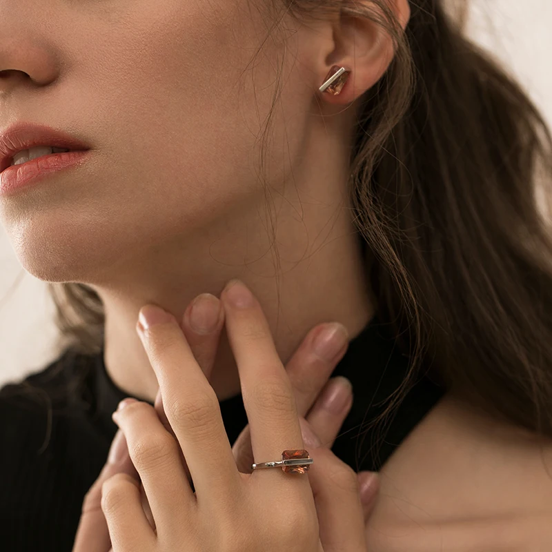 Simple fashion 8*10mm flat bottom rectangular cut angle alumina open ring 925 sterling silver ring