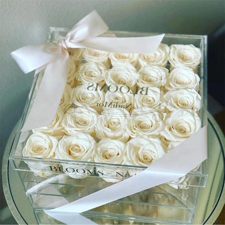 Квадратная акриловая коробка для цветов розы на заказ, длинный стебель, свежая роза, упаковочная коробка