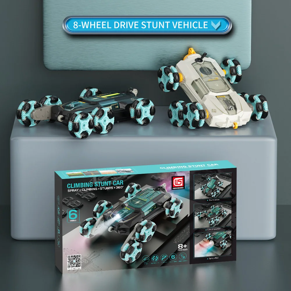 Qilong Six Wheels Climbing Rc Stunt Car 2.4G 360 Rotation Spray Dual-Mode Remote Control Car With Light Music Radio Control Toys