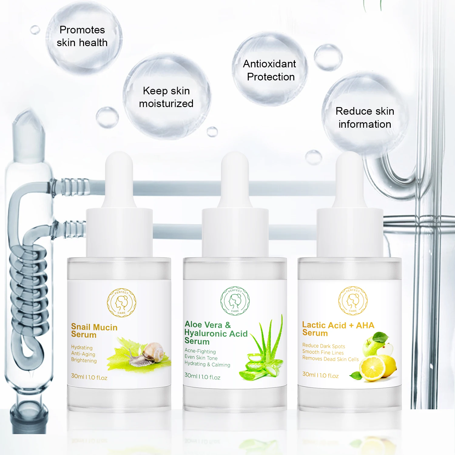 Wholesale Custom Whitening Hyaluronic Acid Facial Serum,Aloe Vera Lactic AHA  Snail Mucin Hydrating Face Serum