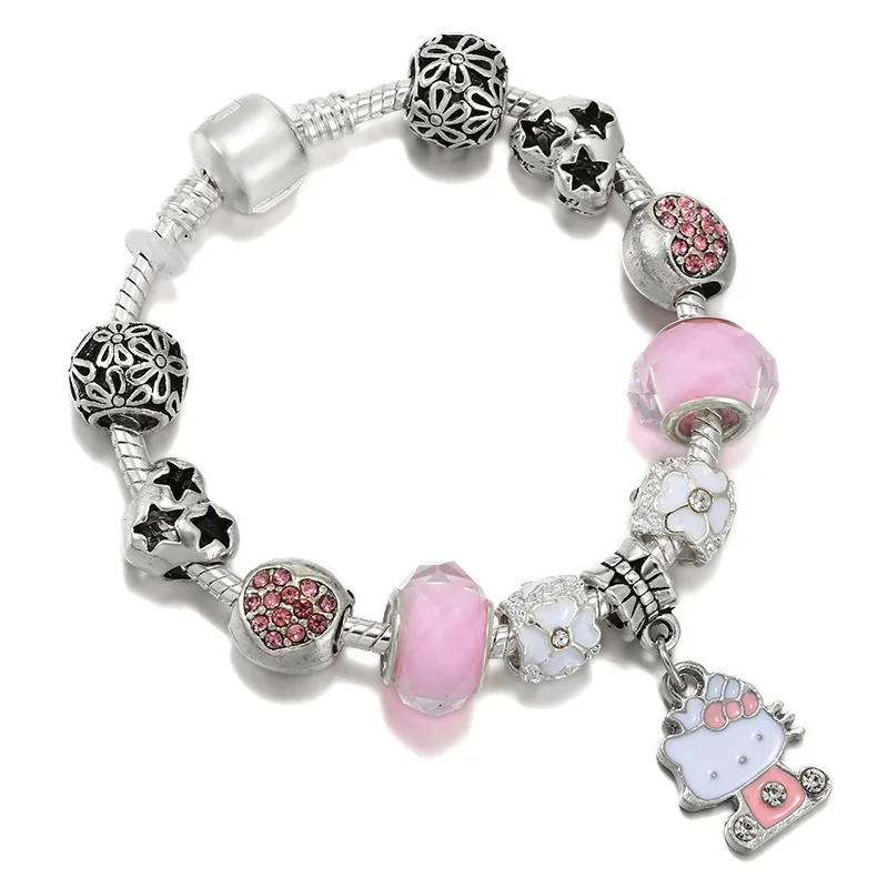 Wholesale 925 Silver Plated Snake Chain Fashion accessories Crystal Rhinestone Beads Charms Hello kitty Bracelets For Women