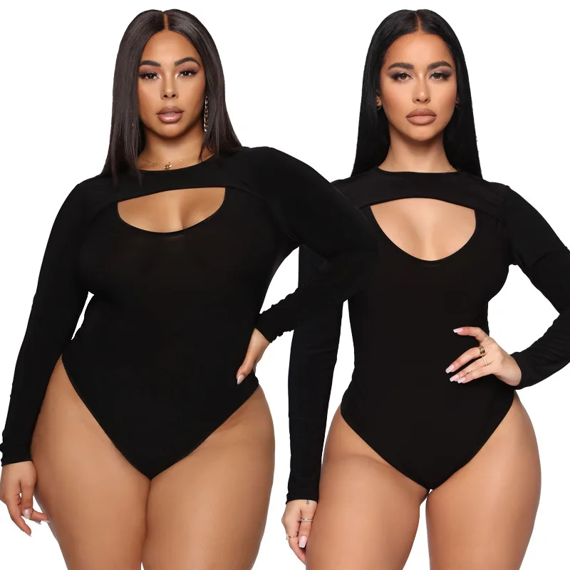 2023 Women Sexy Fashion Plus Size Clothing Black Hollow Out Fitted Womens Crew Neck Long Sleeve warm Bodysuits