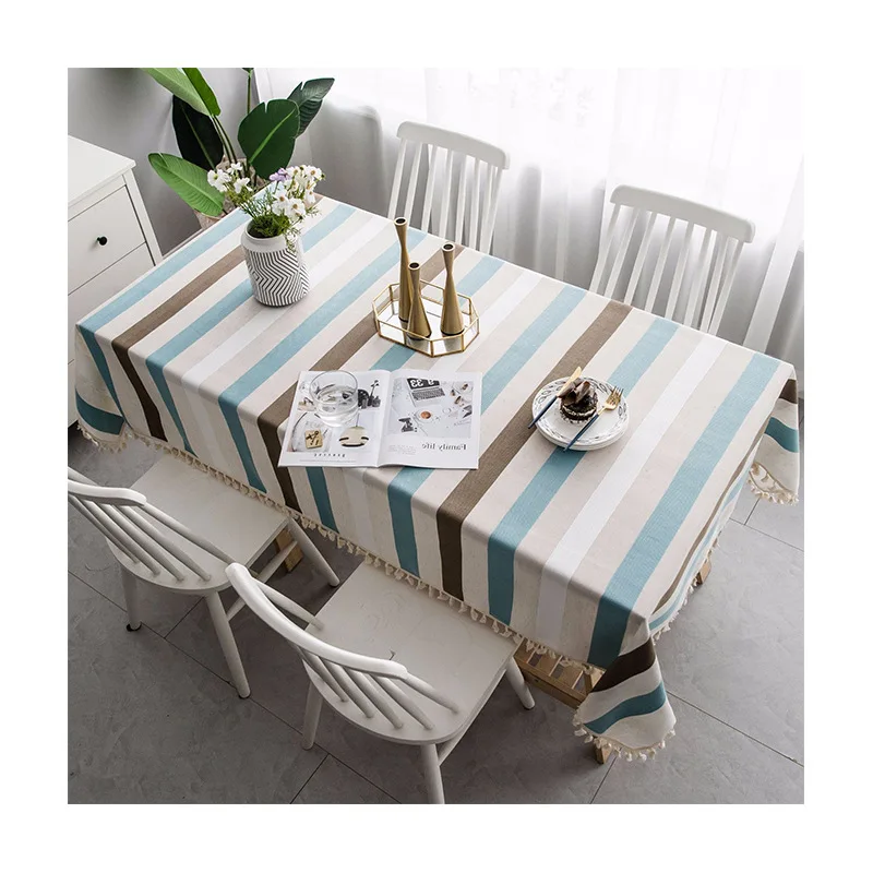 European style stripe tablecloth rectangle tassel stretch cotton linen dinning wedding custom hotel banquet party table cloth