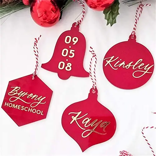 Ruby Red Hexagon Acrylic Christmas Ornaments 2022, DIY Blank Christmas Baubles Tree Decorations, Stocking Name Tags