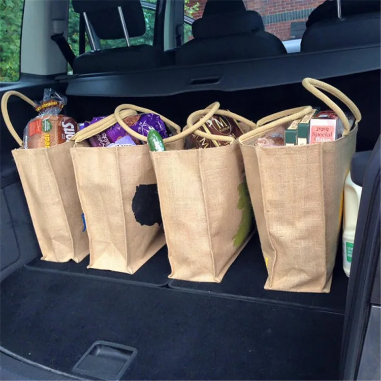 Personalized Custom Large Storage Jute Burlap gift Hand Canvas tote Shopping bag with bamboo handle