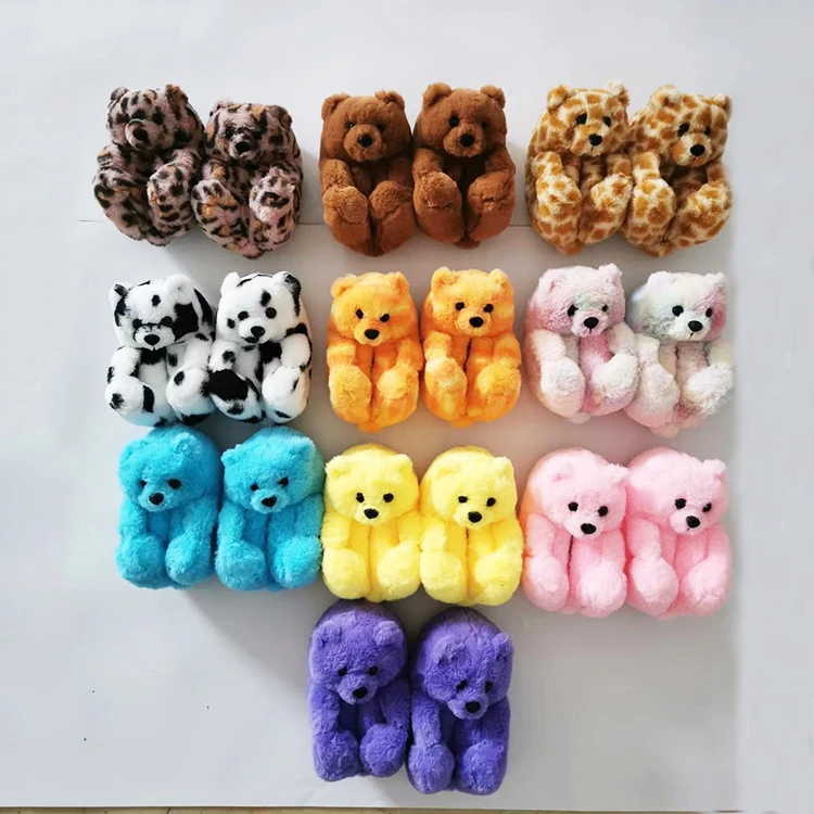 Оптовая продажа, высокое качество, радужные цвета, плюшевые пушистые домашние Симпатичные хлопковые детские тапочки с медведем