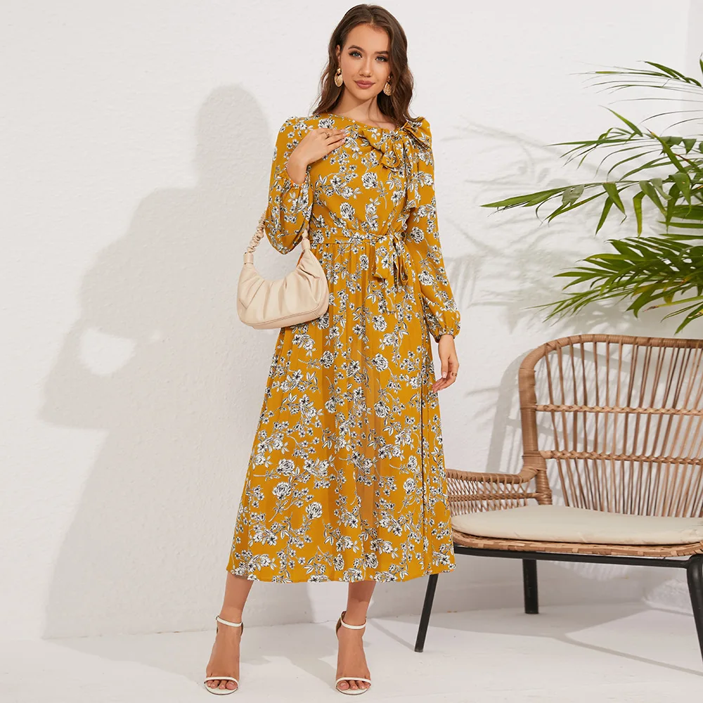 Fashion unique design bow collar women floral printed pleated hemline elegant women midi dress for autumn