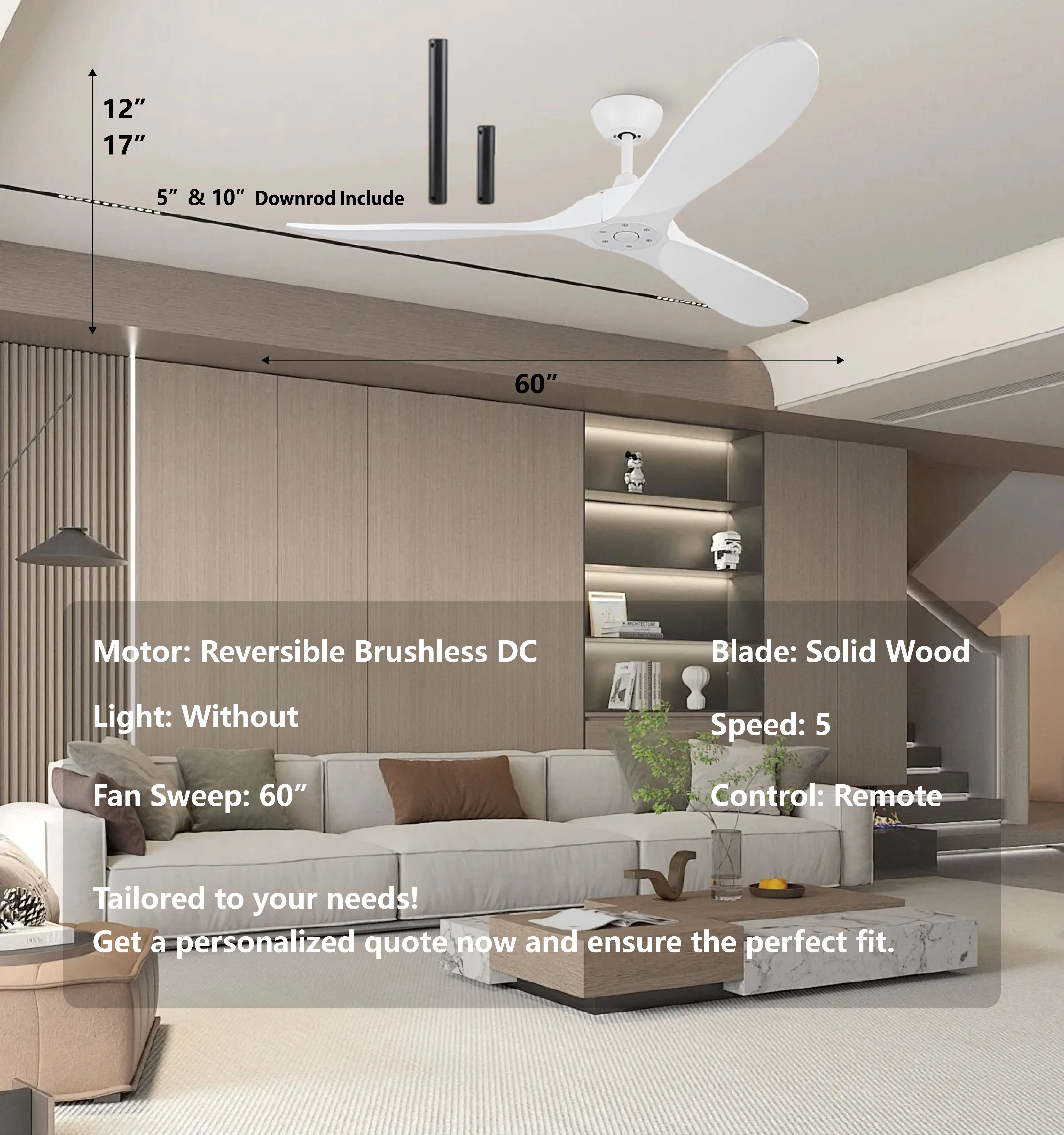 60' White Ceiling Fan without Light, Reversible Brushless DC motor, Modern Wood Ceiling Fan with Remote for Bedroom Living Room