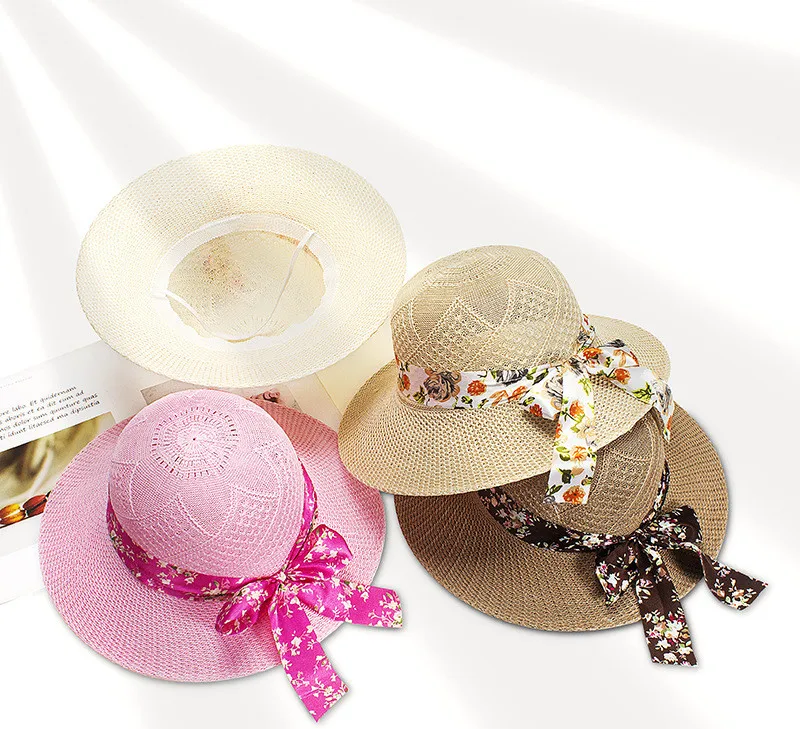 Knitted Cap Outdoor Summer Beach Sun Protection With Floral Ribbon Women Boater Straw Hat Bucket Hat