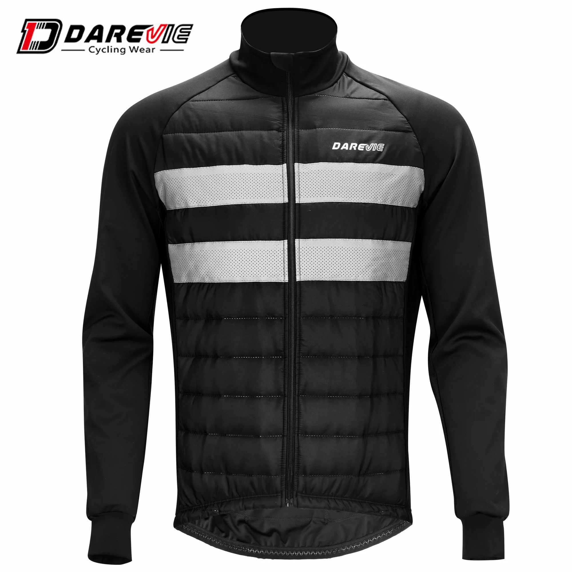 Darevie Men Black Cycling Jacket Waterproof Down Windproof Thermal Bike Jersey Reflective Stripe