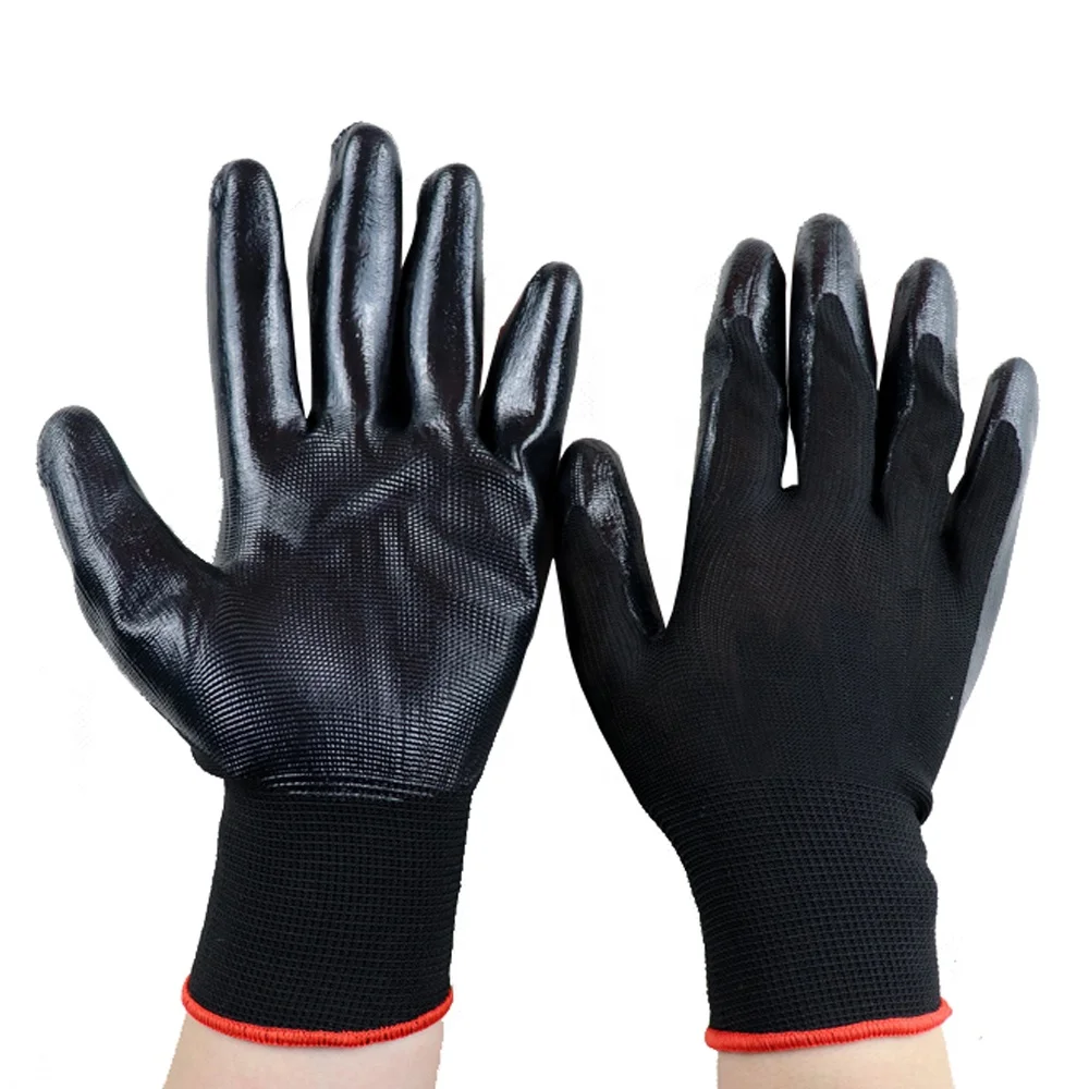 Construction protect Nitrile PU smooth Coated dipped Gloves Powder Free guante nitrilo Black Nitrile Work Gloves