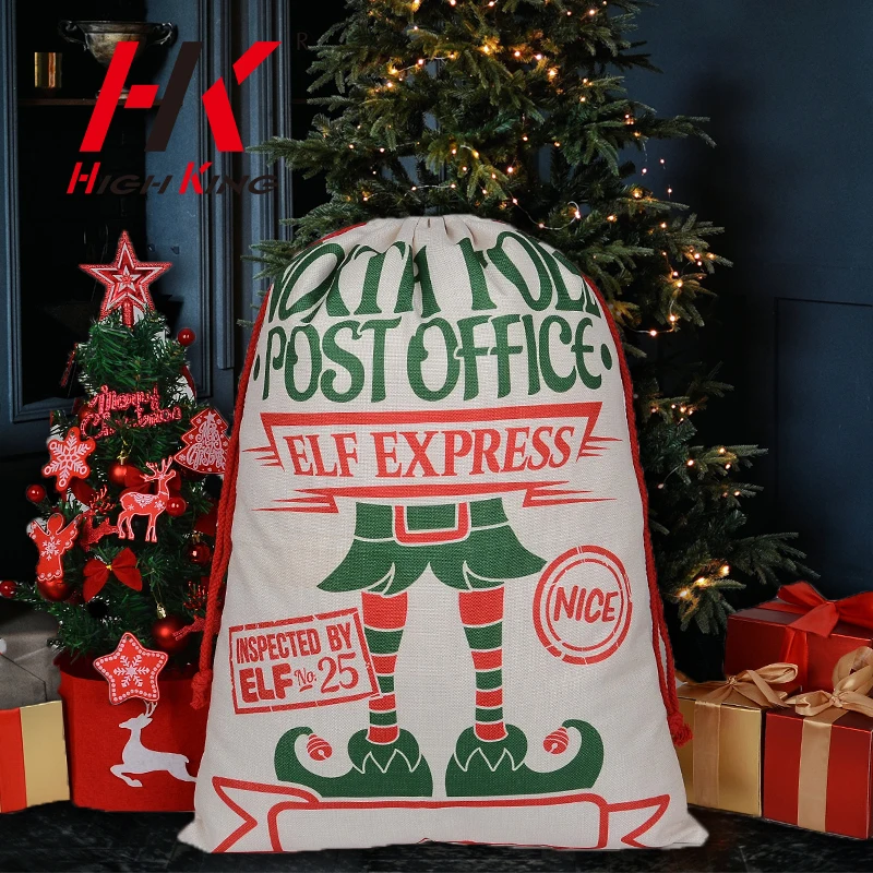 High King New Designs Wholesale Linen Fabric Christmas Drawstring Bag Sublimation Santa Sacks In Stock