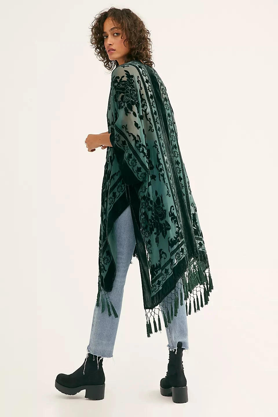 High quality velvet Cardigan fashion women burgundy velvet floral burnout kimono