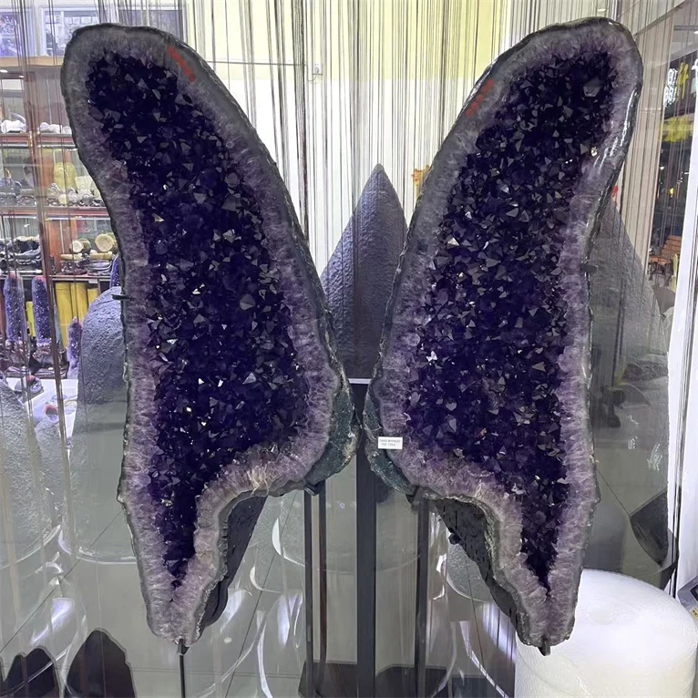 A pair of amethyst crystal wings with metal stand brazil natural rock quartz stone geodes cluster crafts butterfly for sale