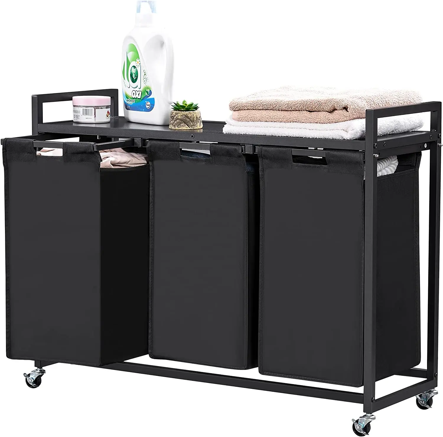 Laundry Hamper, 3-Compartment Laundry Basket, Laundry Sorters with Shelf Pull-Out Removable Bags and Movable Wheels