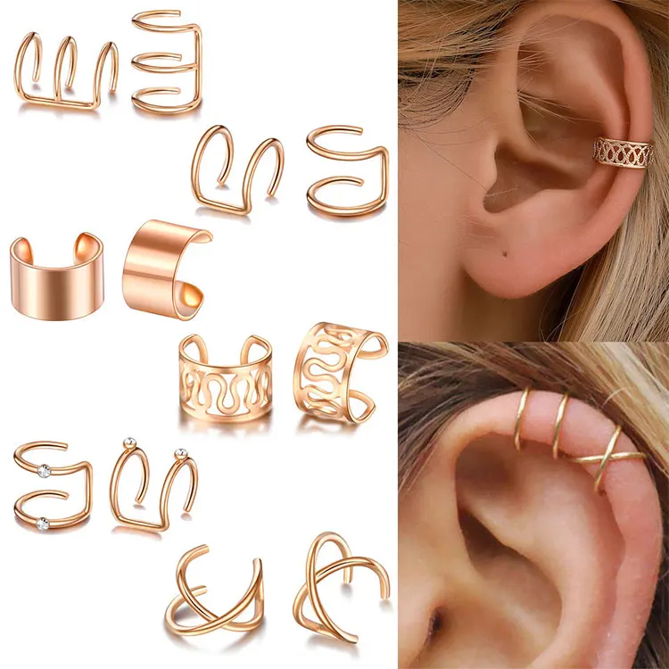 Simple Non Piercing Twisted Cartilage Earrings Hip Hop Gold U Shaped Ear Cuff Earrings Punk 12pcs Diamond Clip on Earrings Set