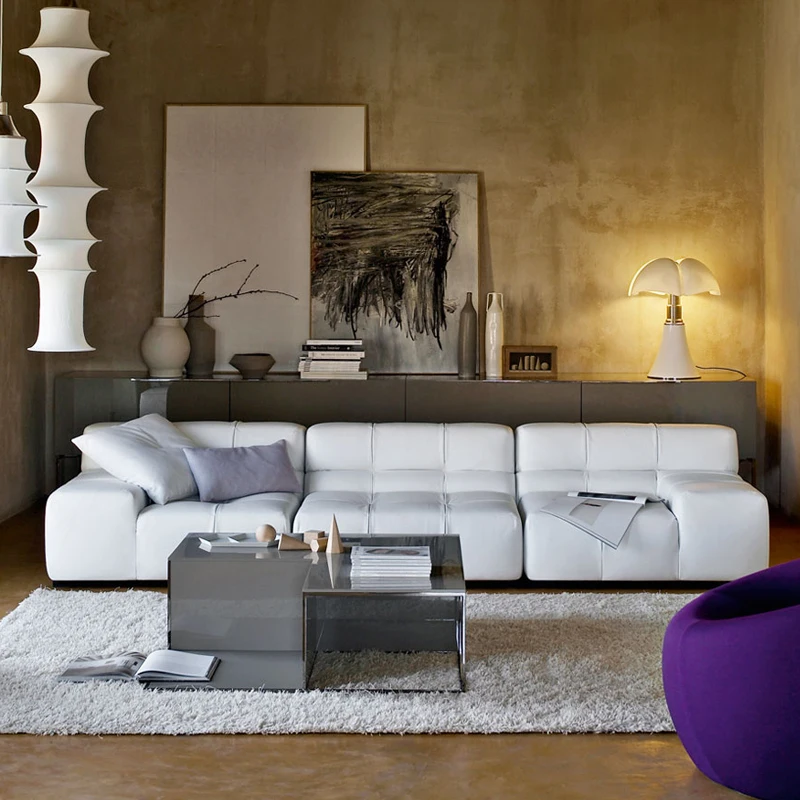 wholesale furniture tufted corner sleeper couch, chaise modern Italian design leather beige sectional modular sofa