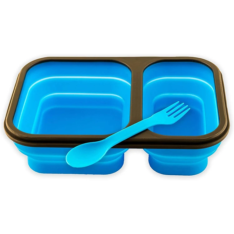 Use in microwave refrigerator Leak-proof collapsible silicone lunch box with compartments and acutlery