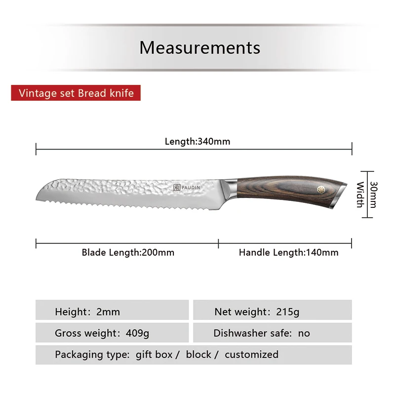 PANDIN hammer pattern Japanese Stainless Steel Professional Bread Serrated Cutting Knife Ultra Sharp Bread Slicer knives