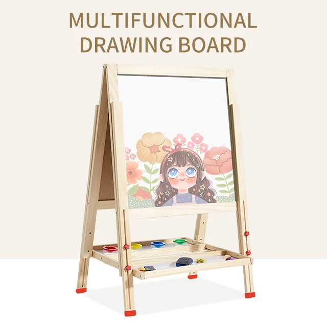 
adjustable children learning Solid Wood Double-sided Magnetic wooden Drawing Board For Kids 