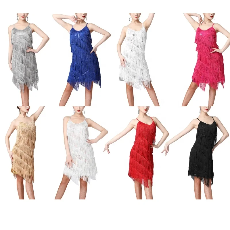 Hot Sale Womens Sequins Fringed Performance Dress Samba Tango Latin Dance Costume Tassel Dance Dresses
