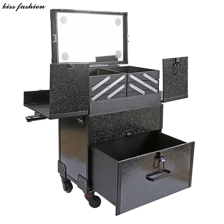 4-WHEELS LEATHERETTE PROFESSIONAL COOL LED LIGHT ROLLING STUDIO MAKEUP CASE WITH EXPANDABLE TRAYS, DRAWERS AND MIRROR