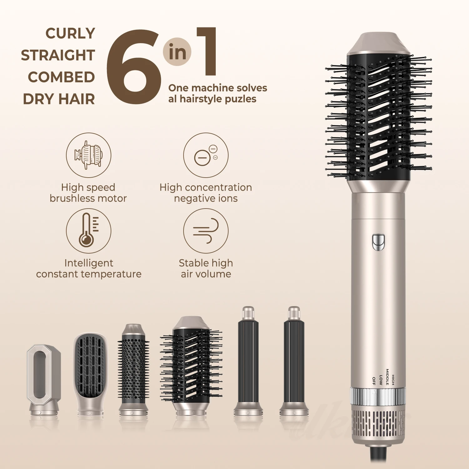 OEM 110,000 Rpm High-speed Negative Ionic Hair Dryer Brush Blow Dryer Automatic Curling Iron 6 In 1 Hot Air Styler Hair Dryer