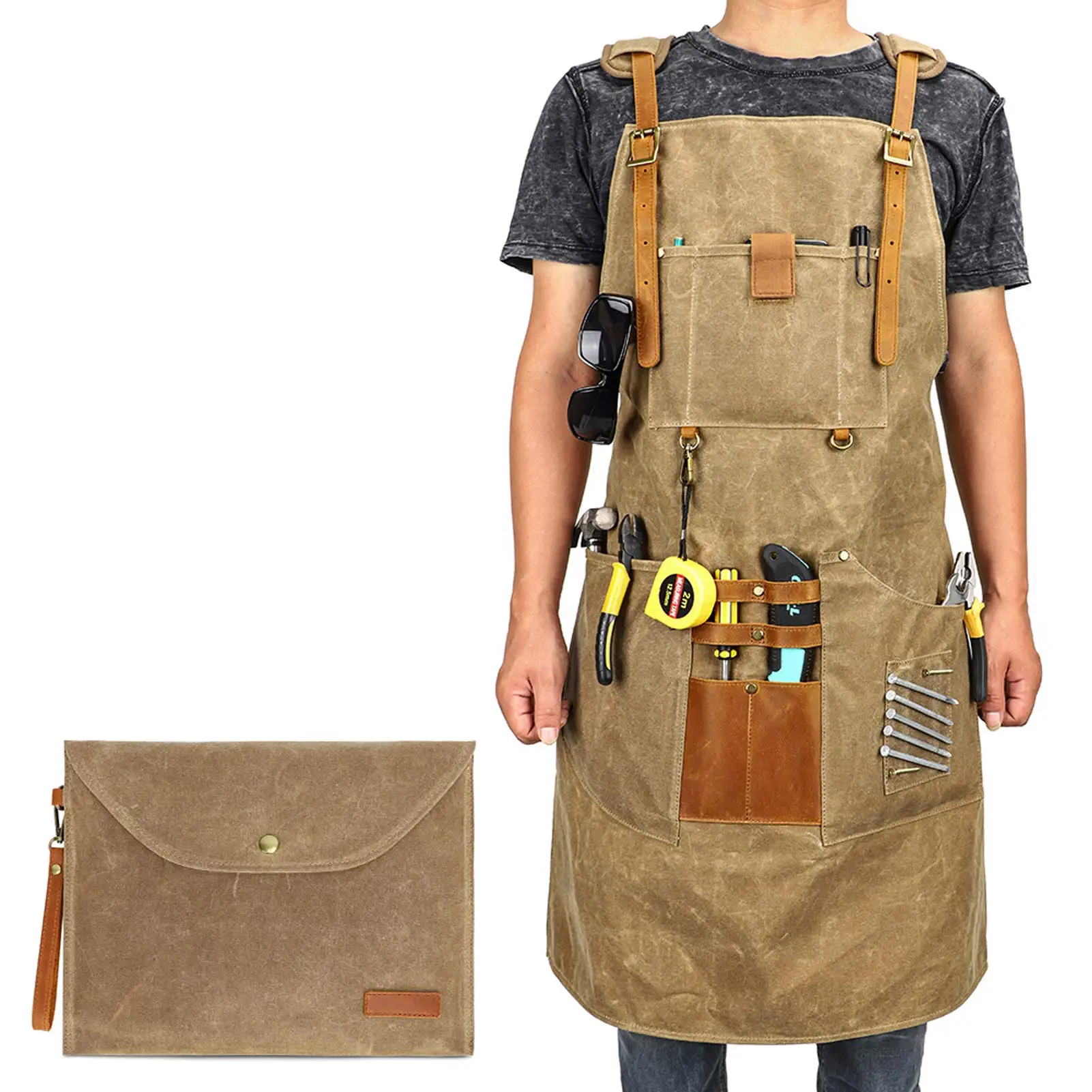 High Full Coverage Waxed Premium Woodworking Shop Apron Heavy Waxed Canvas Work Aprons for Men Adjustable Decompre Design