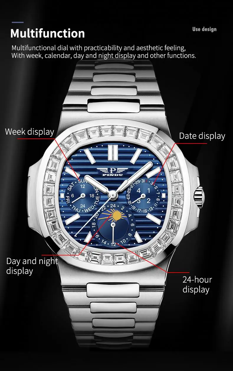 Pindu Men Luxury Classic Wristwatch Stainless Multifunctional Day 24Hour Date Moonphase Diamond Bezel Automatic Mechanical Watch