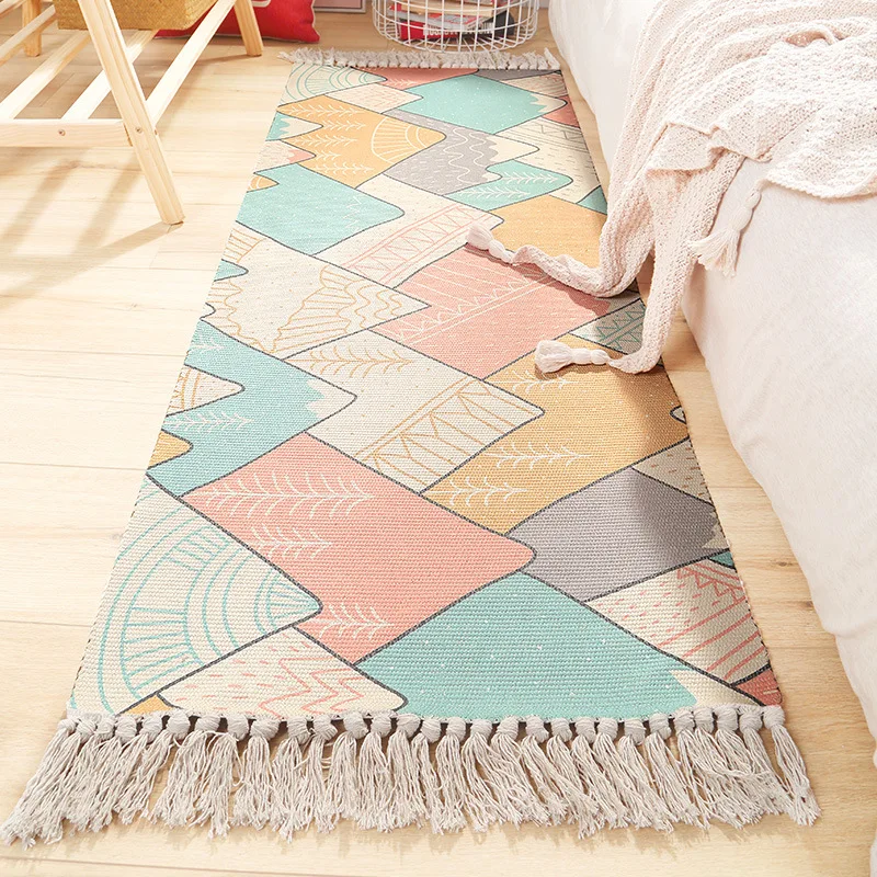 Ins Bedside Rug Carpet Cotton Linen  Mat Floor Mat with Tassels for Living Room Area Rug Doormat Cute Home