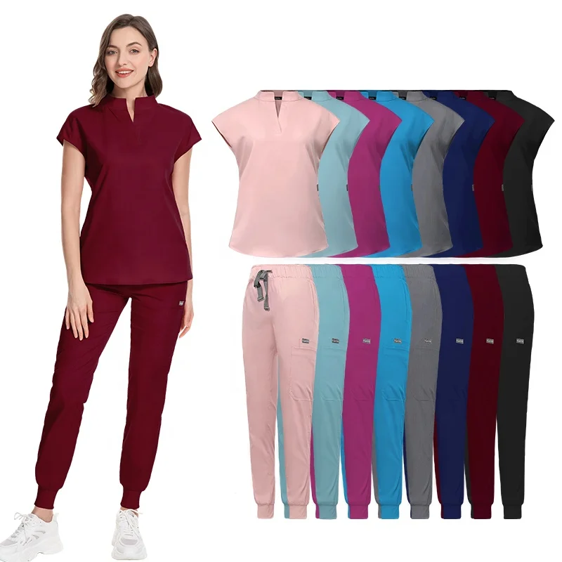 Manufacturers Short Sleeve Burgundy Nurse Jacket Jogging Scrub Set Scrub Suit Scrubs Hospital Medical Fabric Uniform