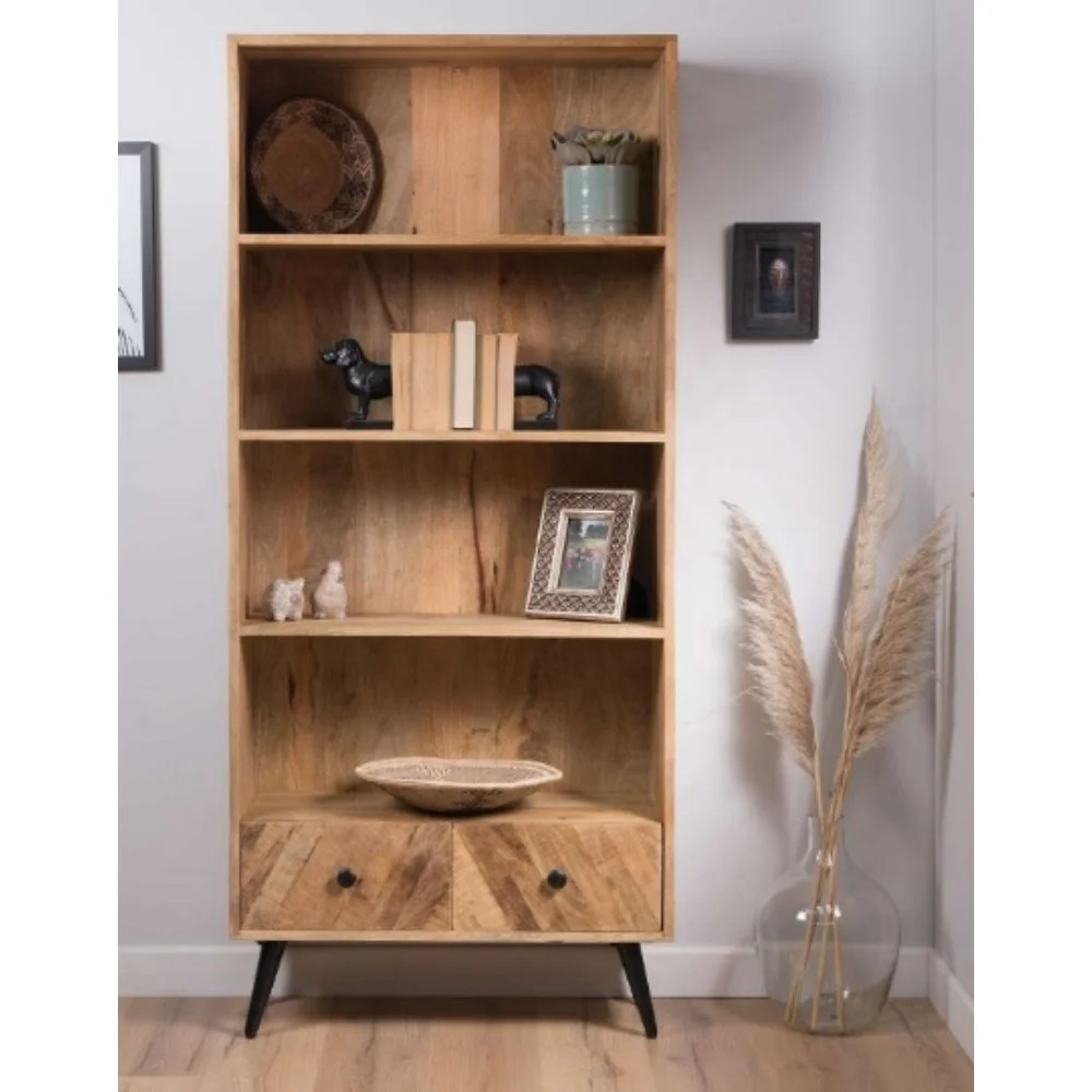 Industrial Tall Bookcase Indian Antique Rustic Mango Ara Parquetry Design Bookcase Bookshelf Jodhpur Vintage Solid Wood Bookcase