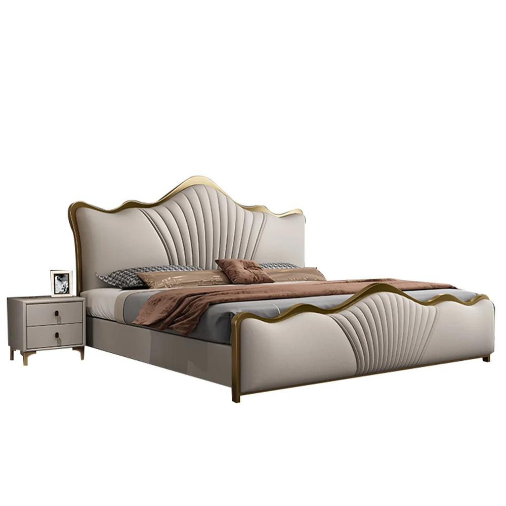 Italian Light Luxury Queen King Size Leather Bed Modern Soft Bag Double Bed Bedroom Furniture Up-holstered Bed Frame