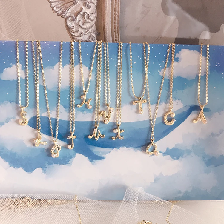 hot sale 925 sterling silver 26 letter initial with pearl diamond necklace for women