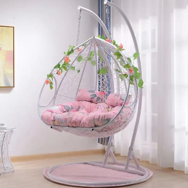 High quality double pole bracket outdoor garden rattan swing double hanging chair with big cushion